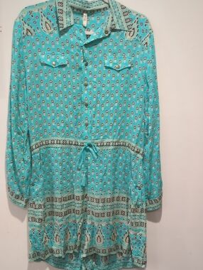 Spell And The Gypsy Collective Turquoise Long Dleeve Button Up Jumpsuit